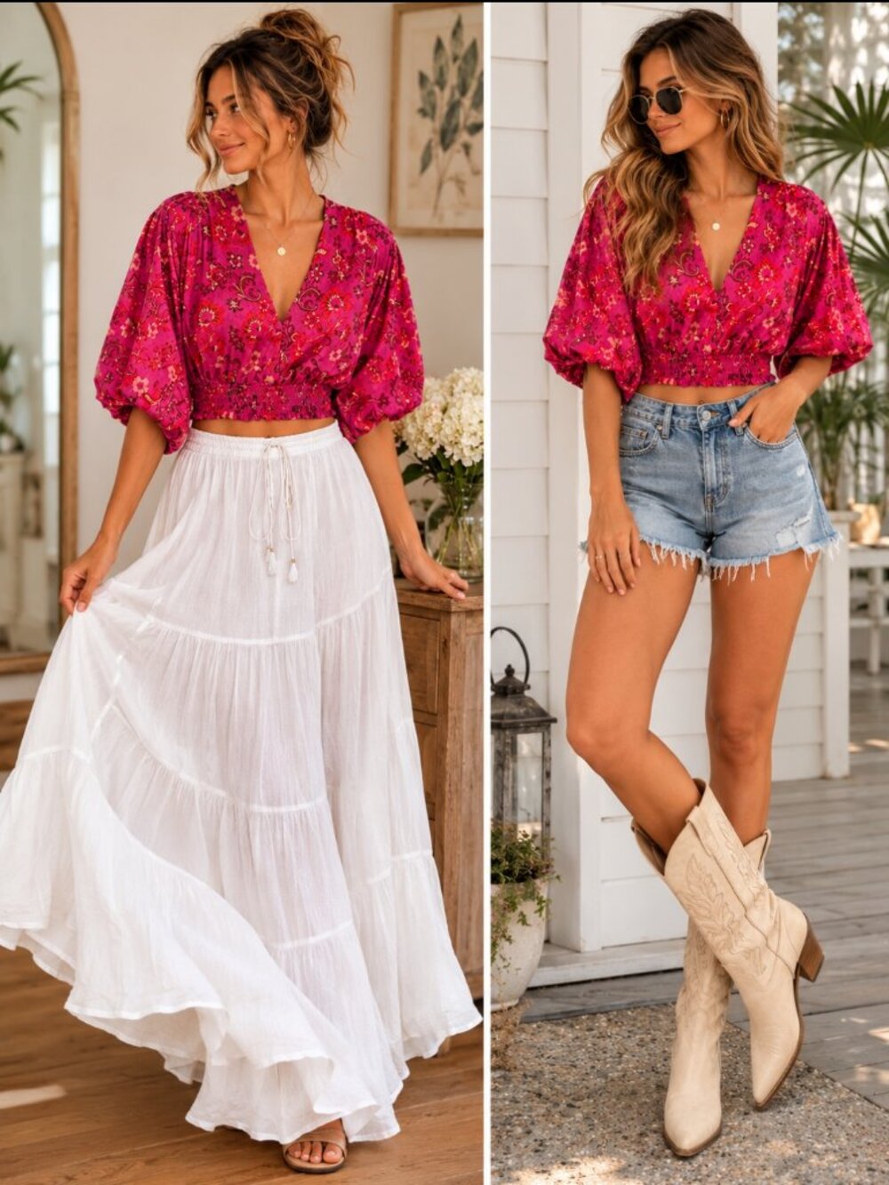 MISA Los Angeles Pink Floral Crop Top XS Boho Cottagecore Peasant Sleeve Blouse